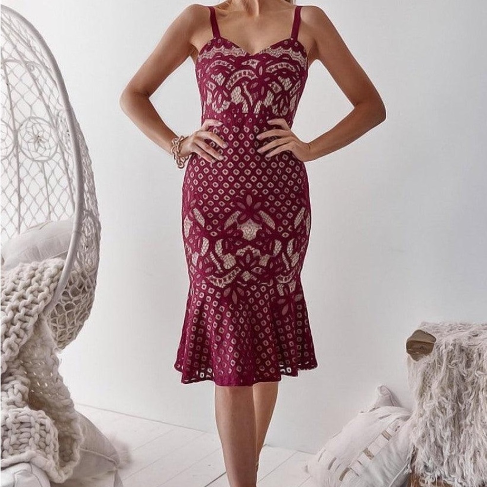 Burgundy Lace Corset Midi Dress Fit & Flare Wedding Guest Cocktail Size S”